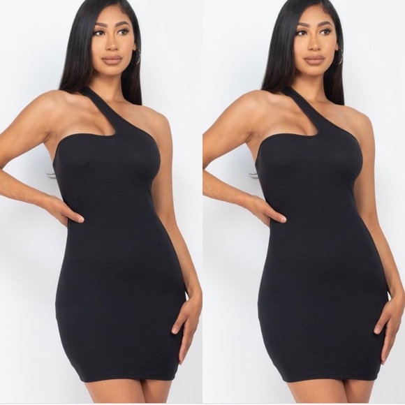 BLACK ONE SHOULDER MINI BODYCON DRESS - Picture 1 of 2